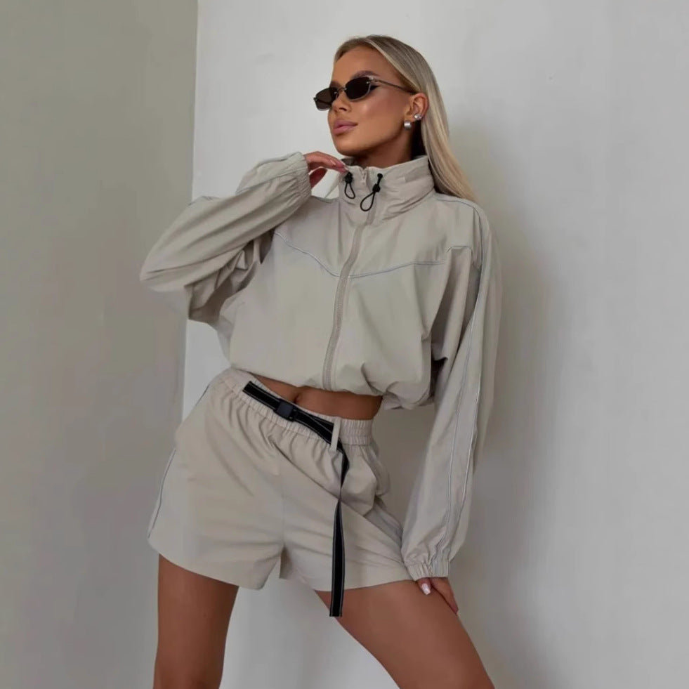 European and American  summer casual shorts set solid color long-sleeved zipper cardigan elastic shorts line two-piece set