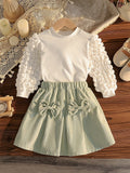 new autumn cross-border girls' textured 3d bubble long sleeve top and a-line bowknot skirt set