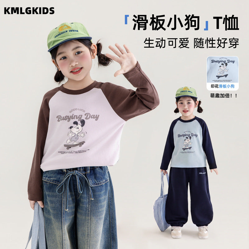 Girls' autumn clothing  new loose color block little girl's clothes long sleeve t-shirt kids cartoon print top