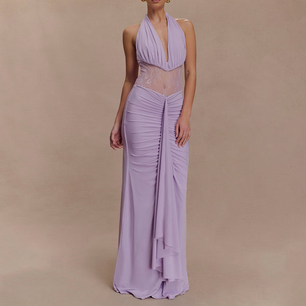 European and American style  hot-selling new elegant deep V neck waist long dress sexy hollow backless streamer dress