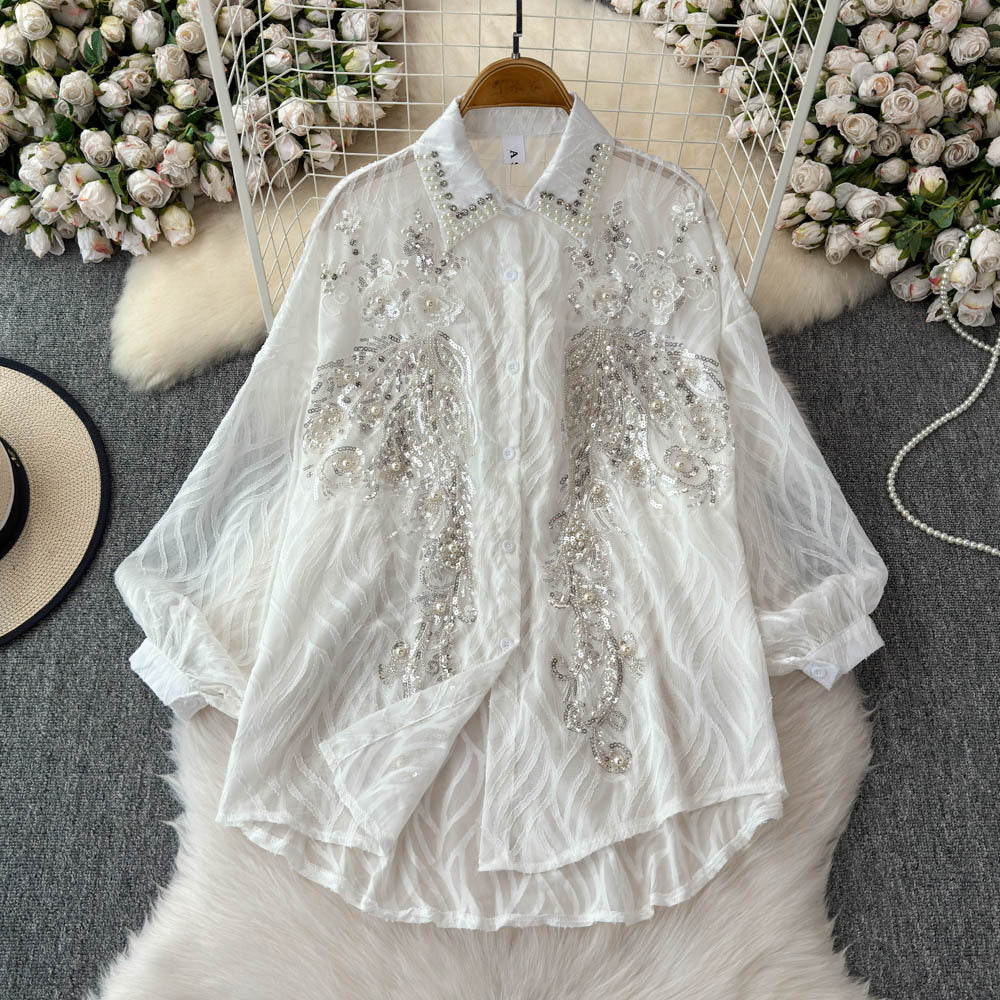 Fashionable age-reducing shirt for women french heavy industry sequinembroider diamond-encrusted easiest for matchclassy lantern sleeve slimming looktops trendy