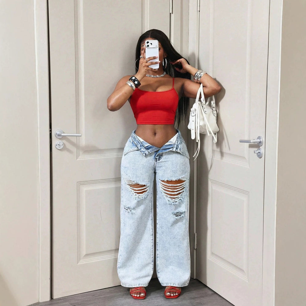 Fashionjeans women's light white washed foldable waistband big hole raw edge beggar style high waiststraight-leg wide leg denim