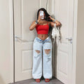 Fashionjeans women's light white washed foldable waistband big hole raw edge beggar style high waiststraight-leg wide leg denim