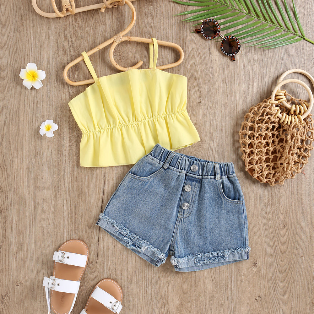 hot children's clothing suspender pleated stereo vest tops washed brushed denim shorts for girls and small children suit