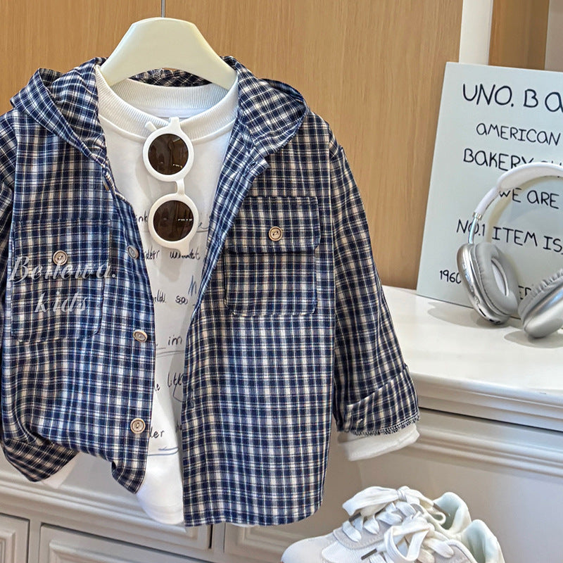 Kids' hooded jacket - new spring/autumn collection - boys' casual top - trendy baby plaid hooded shirt - stylish korean fashion