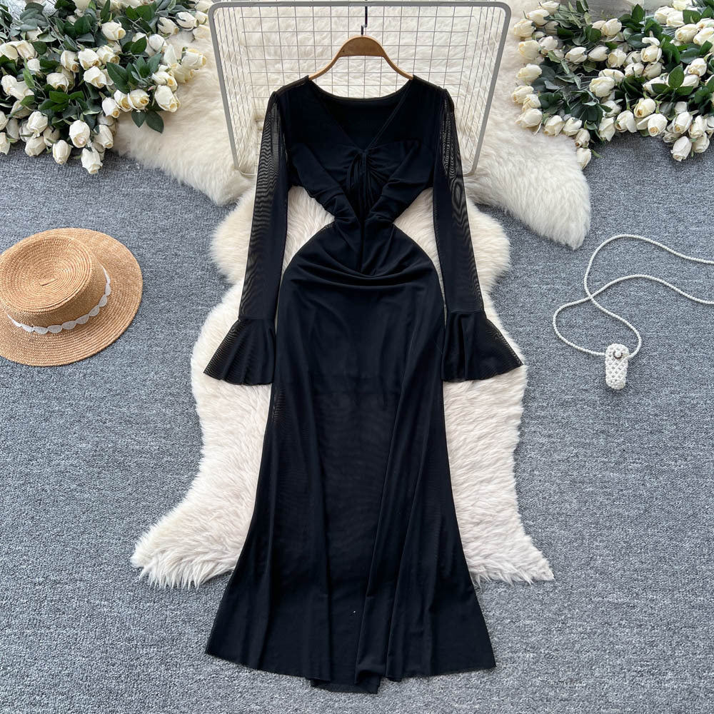 French chic, luxe & refined: v-neck, flared sleeve, mesh midi dress - figure-flattering, slimming, and effortlessly elegant