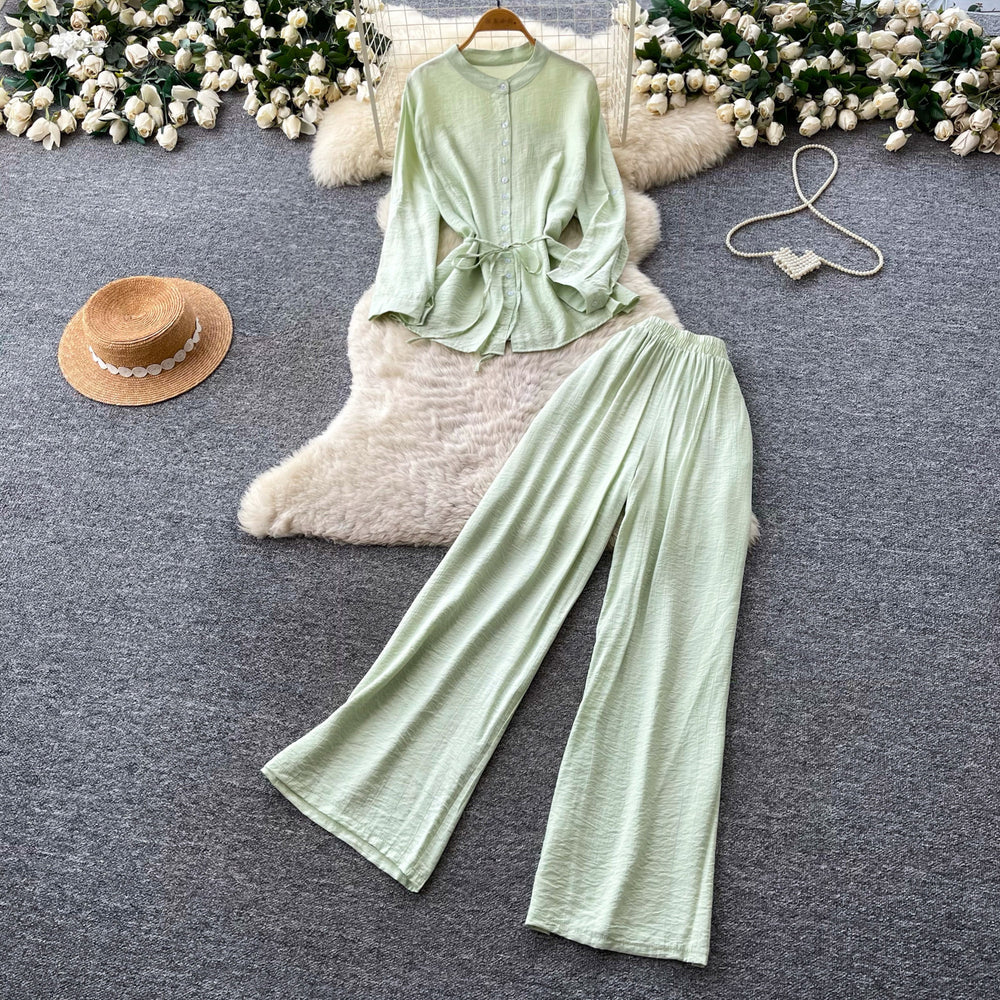 Light mature style bows strap waist shirt women's summerhigh waistloose pants silm two-piece set autumwork clothing