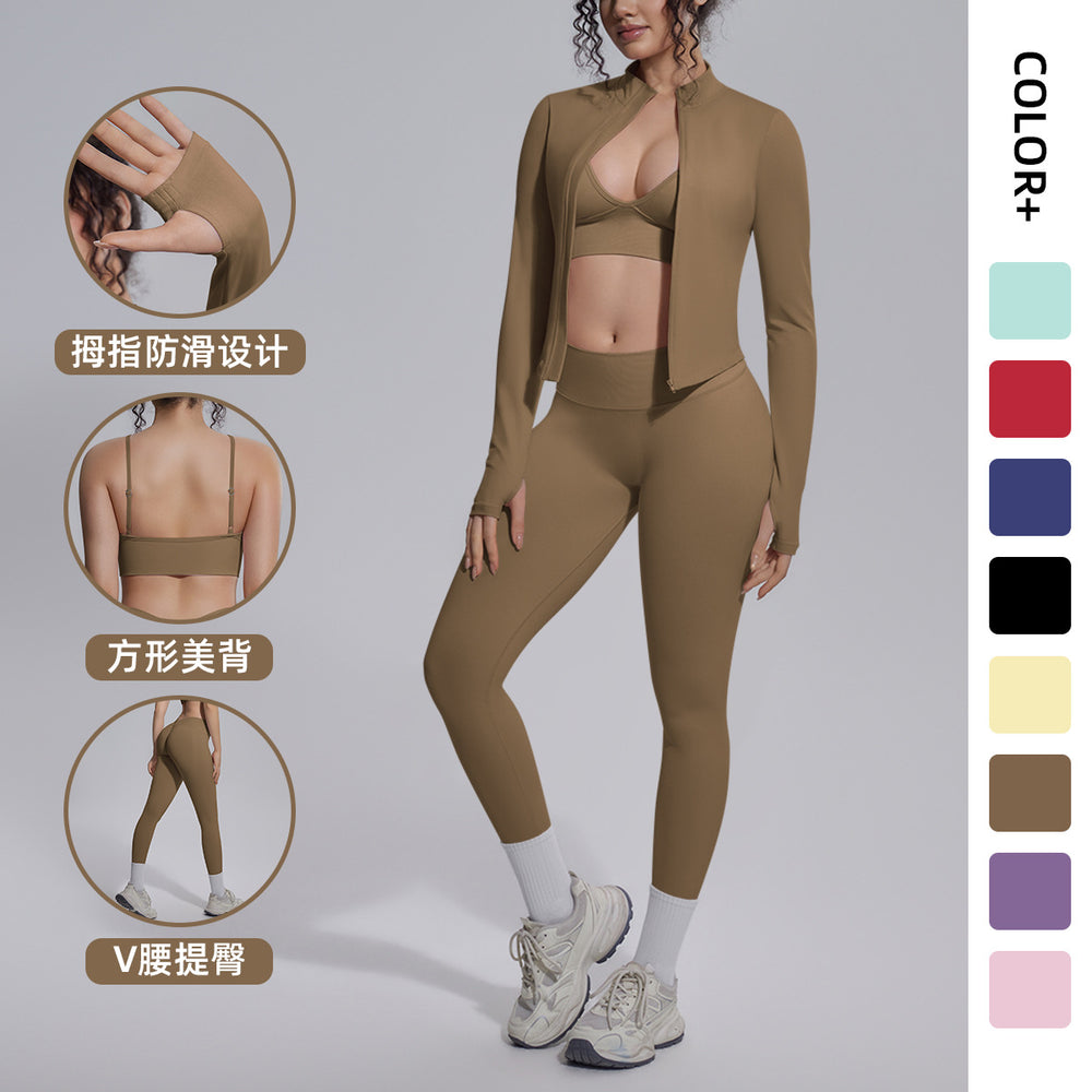 New seamless solid color high-stretch activewear set: includes a breathable, figure-hugging top, bottoms, and bra – perfect for running, fitness, and yoga