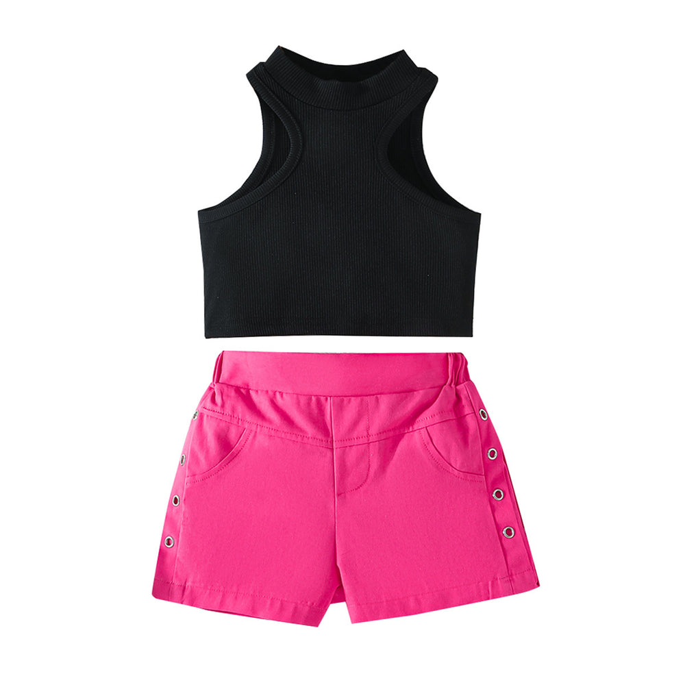 new european and american cross-border girl's summer sleeveless halter top + eyelet shorts two-piece set