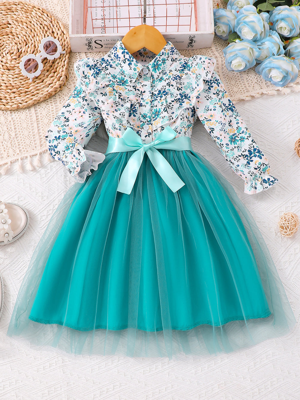 New girls' long-sleeve floral print mesh dress with turn-down collar and woven belt (available in toddler, little girl, and big girl sizes)