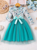 New girls' long-sleeve floral print mesh dress with turn-down collar and woven belt (available in toddler, little girl, and big girl sizes)