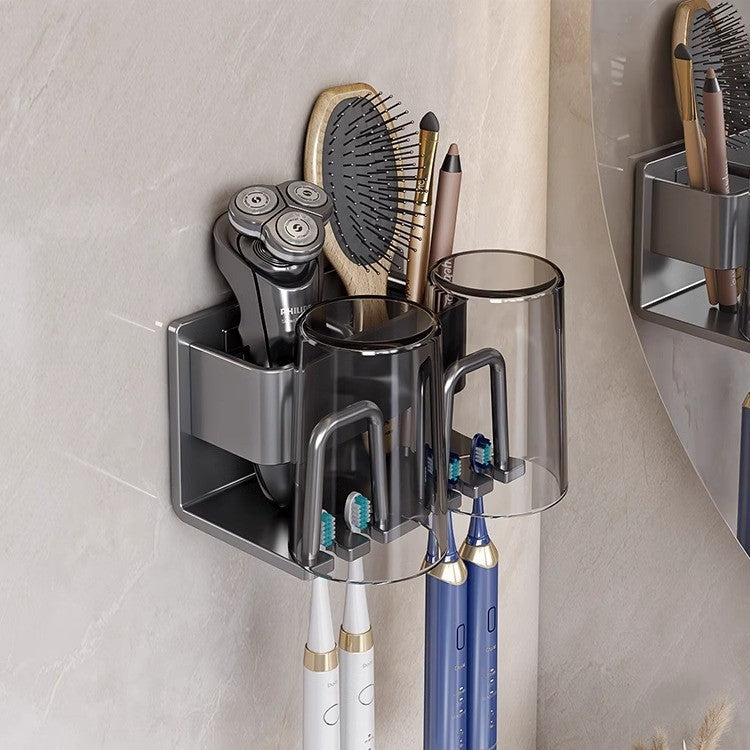 White toothbrush rack, punch-free bathroom toothbrush and mouthwash cup hanging rack, wall-mounted electric toothbrush rack cup