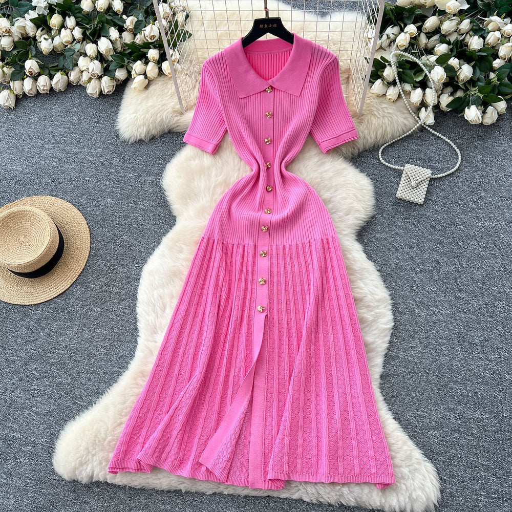 Frenchretropolo collar short-sleeved metal button silmslimming lookdress women's classy sense waist knitting long skirt
