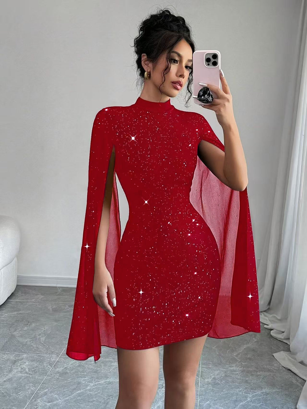 European hot girl dress - sparkling print, high neck, lantern sleeves, bodycon, sexy bodycon skirt