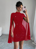 European hot girl dress - sparkling print, high neck, lantern sleeves, bodycon, sexy bodycon skirt