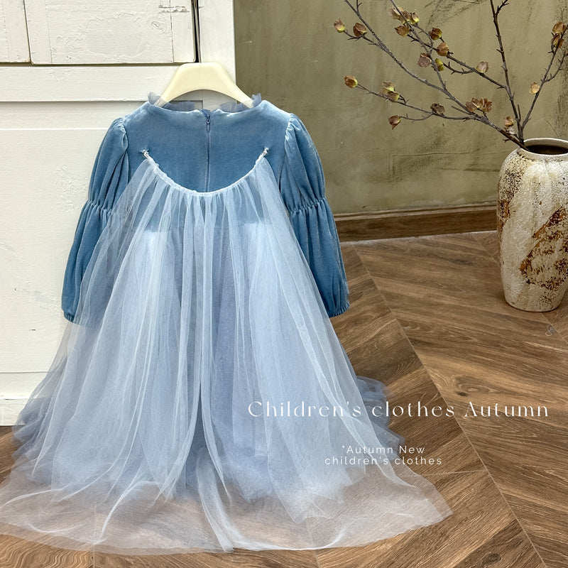 spring new girls' princess dress birthday dress fleece-lined formal gown puffy mesh heavily embellished frozen-inspired dress