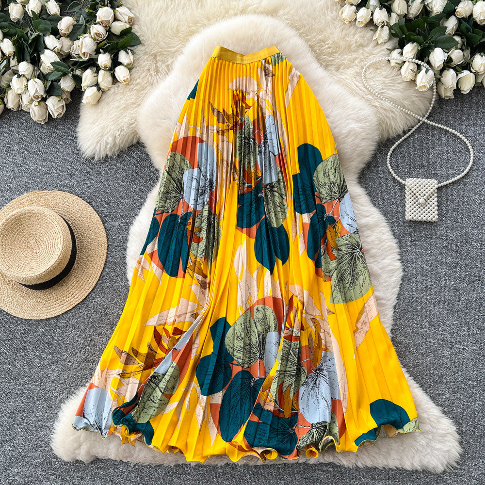 Vintage print pleated elastic waist fashion skirt - women's high-waisted a-line skirt - commute-friendly, flowy maxi skirt for summer