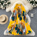 Vintage print pleated elastic waist fashion skirt - women's high-waisted a-line skirt - commute-friendly, flowy maxi skirt for summer