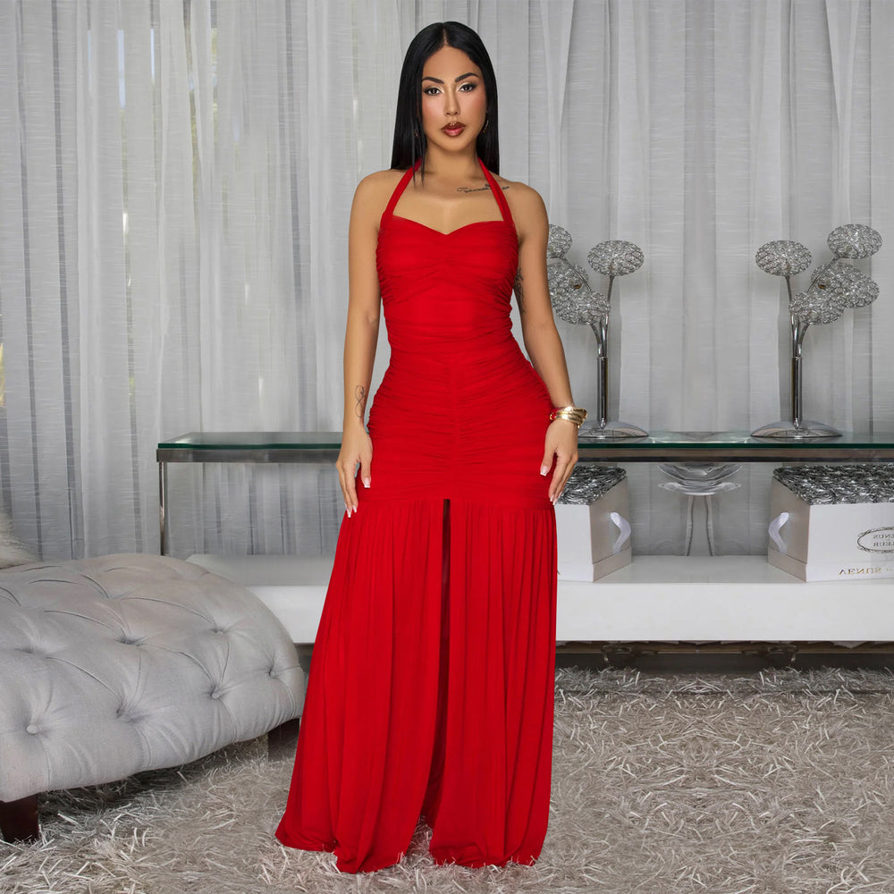 C7656 cross-border   fashion women's elegant solid color bodycon slit dress