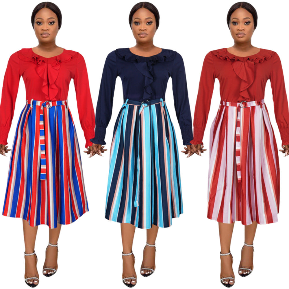 European and american cross-border e-commerce african plus size women's a-line skirt   striped flared skirt dress