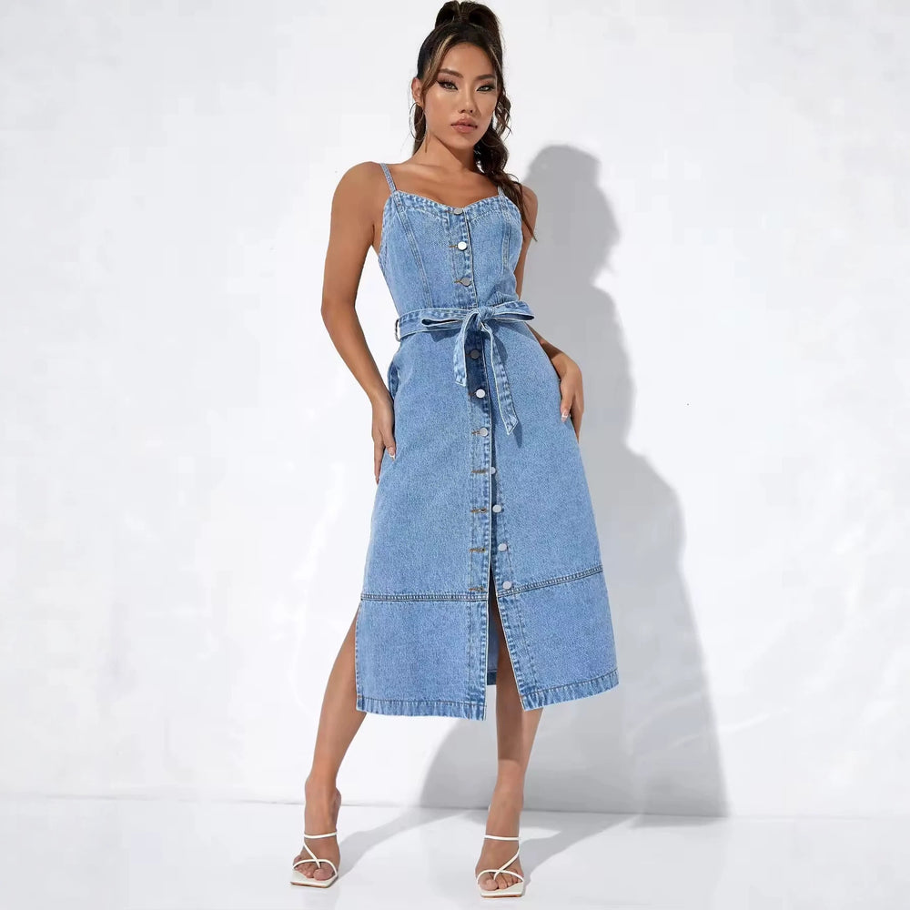 ins style fashionsummer women's dress water pattern light color denim suspender backless midi dress