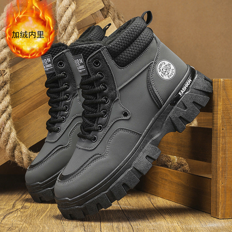 Men's winter fleece-lined thickened martin boots - trendy, versatile work boots, slip-resistant, wear-resistant, thick-soled, waterproof men's boots