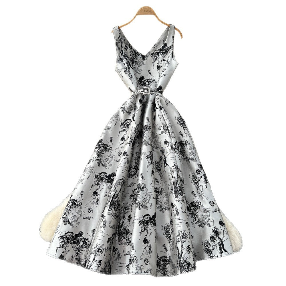 French chic high-end elegant dress for women, autumn  collection: tie-waist, slimming, elegant v-neck, jacquard, maxi swing dress