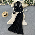 French chic embroidered beaded v-neck lace two-piece set - women's autumn slim-fit high-end beaded elegant outfit