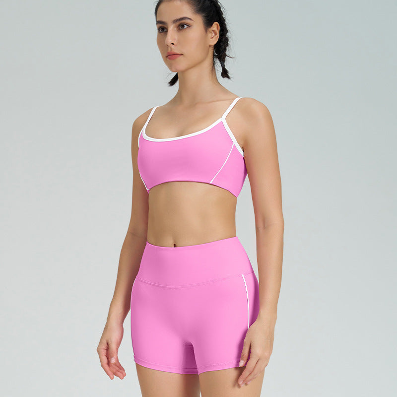 High-waisted, figure-hugging, color-blocked, cross-border camisole, shockproof, push-up, high-waisted, butt-lifting running and fitness shorts yoga set for women