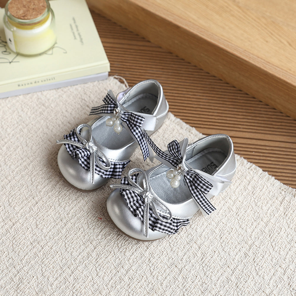 Vancahao kids' leather shoes -  spring new collection: korean style girls' fashionable studded bowknot flats, princess style