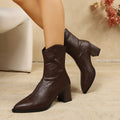fall/winter new pointed-toe v-cut retro slim boots chunky heel ruched western plus size fashion ankle boots for women