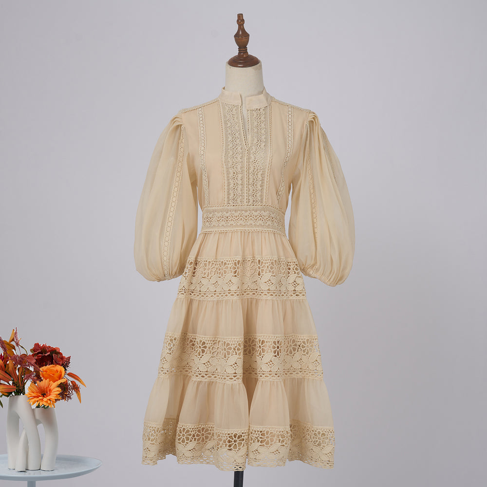 export solid color organza dress with semi-open collar, lantern sleeves, mid-sleeve, lace patchwork, and cinched waist mini dress