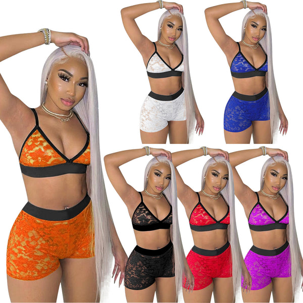 YD8382-D3 European and American women's clothing, hot-selling on , multi-color sexy suspender lace two-piece shorts set