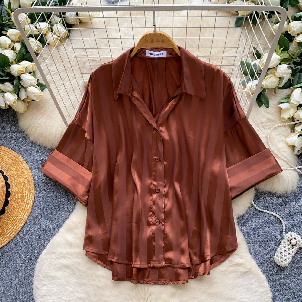 Korean style fashionable niche versatile satin blouse for women,  summer high-end slimming commute chic short top