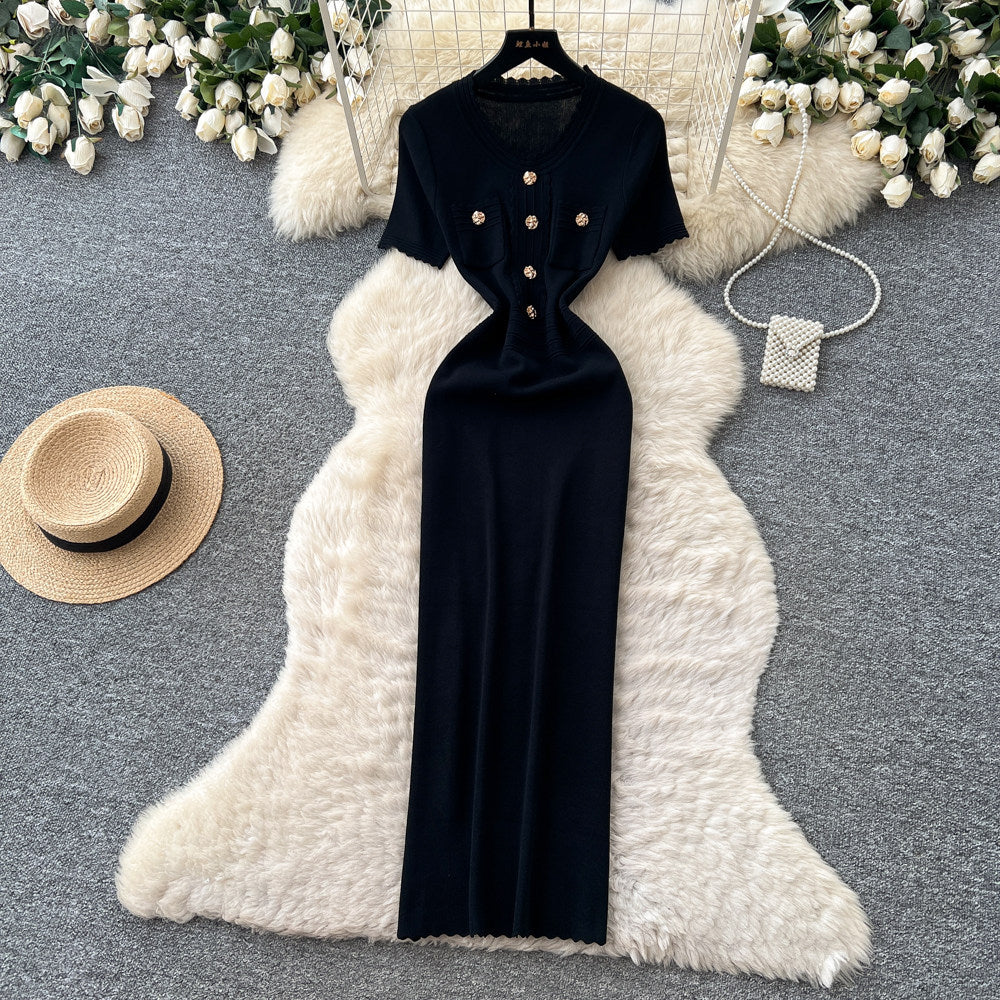 Light mature style white a-line short-sleeved dress for women summerk-style high waist waist work clothingfrench gentle style long skirt