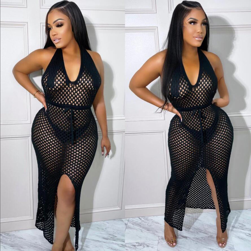 Fashion cross-border women's clothing  supply fashionsexytie back deep vpure colorcut out mesh slit dress
