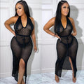 Fashion cross-border women's clothing  supply fashionsexytie back deep vpure colorcut out mesh slit dress