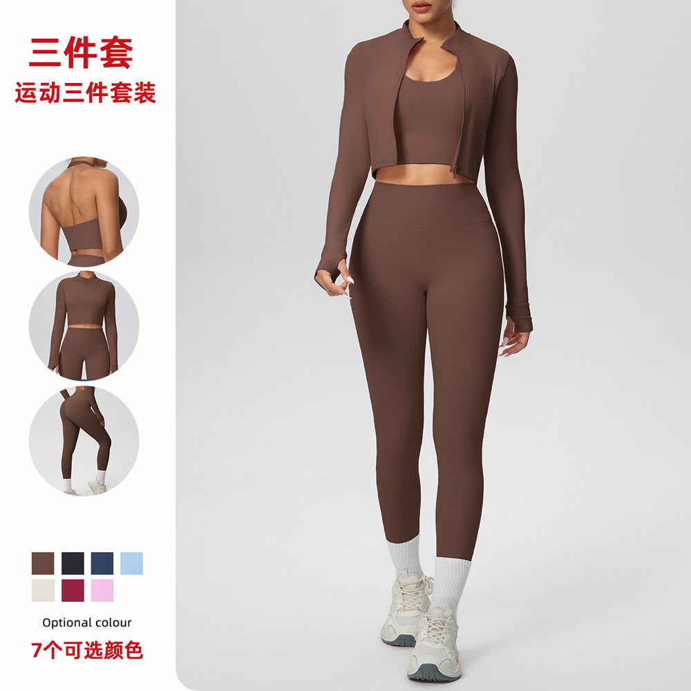 brushed tight-fitting breathable back-hanging halter vest long three-piece set sports running fitness yoga suit