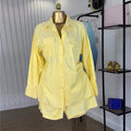 European and american cross-border women's fashion  autumn new arrival: elegant turn-down collar yellow striped long-sleeve shirt and wide-leg shorts set