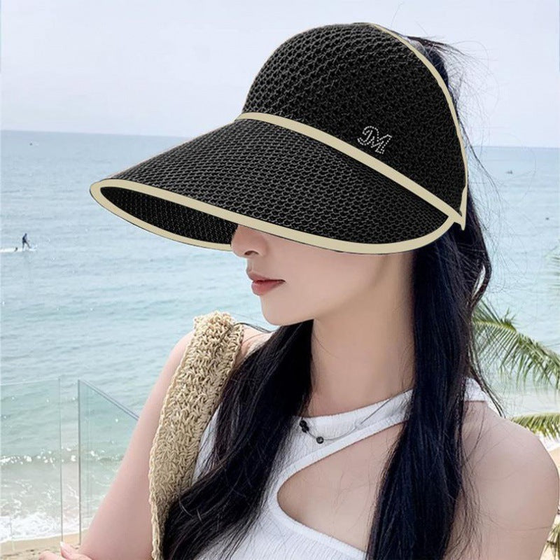 Summer new big brim, small face can be tied ponytail sun hat, face covering sun hat, straw woven hollow hat