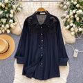 French chic embroidered cutout breathable shirt - women's long sleeve loose fit versatile commute cardigan - blue top