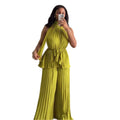 European and american cross-border women's fashion  summer new arrival: elegant halter neck tie-up pleated sleeveless top and wide-leg pants set