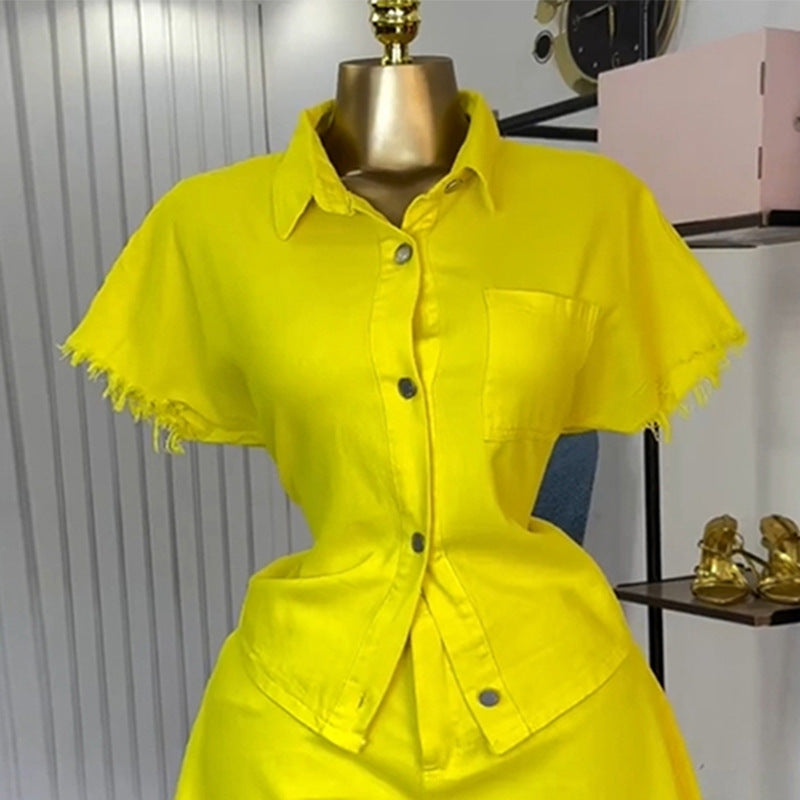 Fashion cross-border women's clothing  summer new arrivalfashion lapel short sleeve denim tops loose raw edge shortssuit