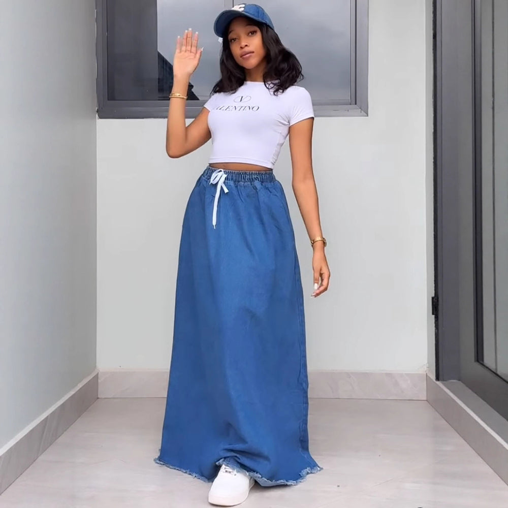 European and american style denim skirt  cross-border women's fashion washed pure color drawstring high waist lotus leaf long skirt