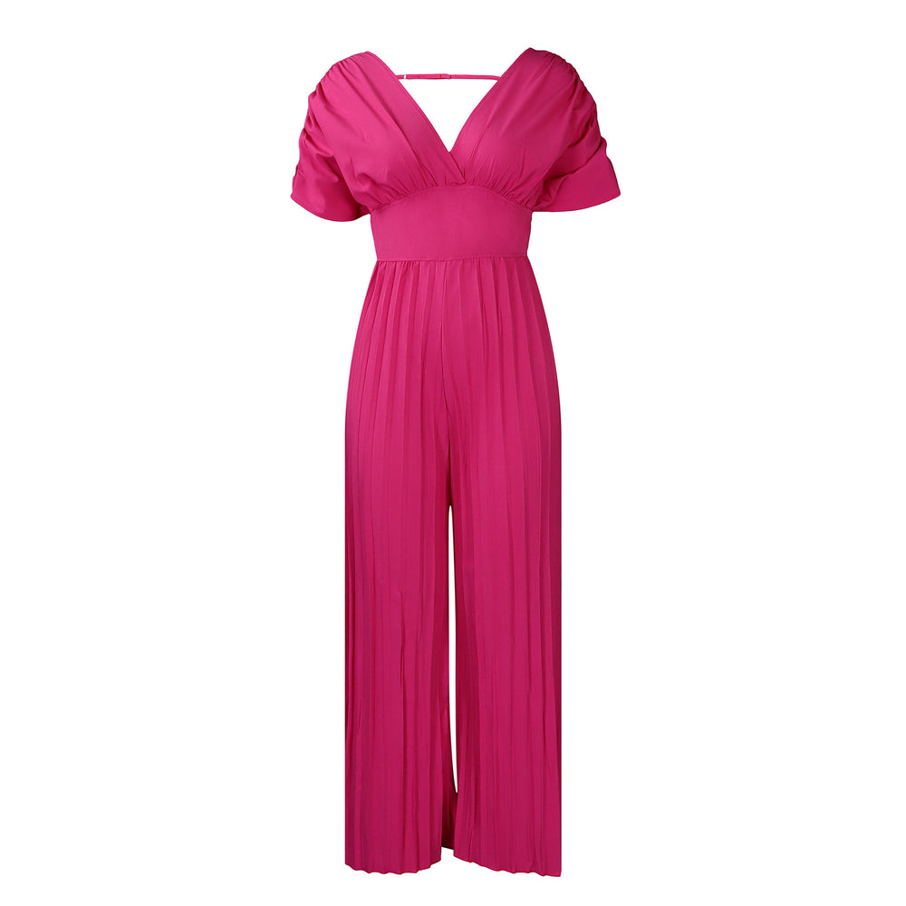 C8592  foreign trade  new european and american cross-border fashion v-neck high-waisted solid color sexy pleated jumpsuit