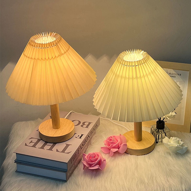 USB Nordic Internet celebrity desk lamp Korean pleated ins bedside bed and breakfast decoration night light bedroom solid bedroom wood lamp