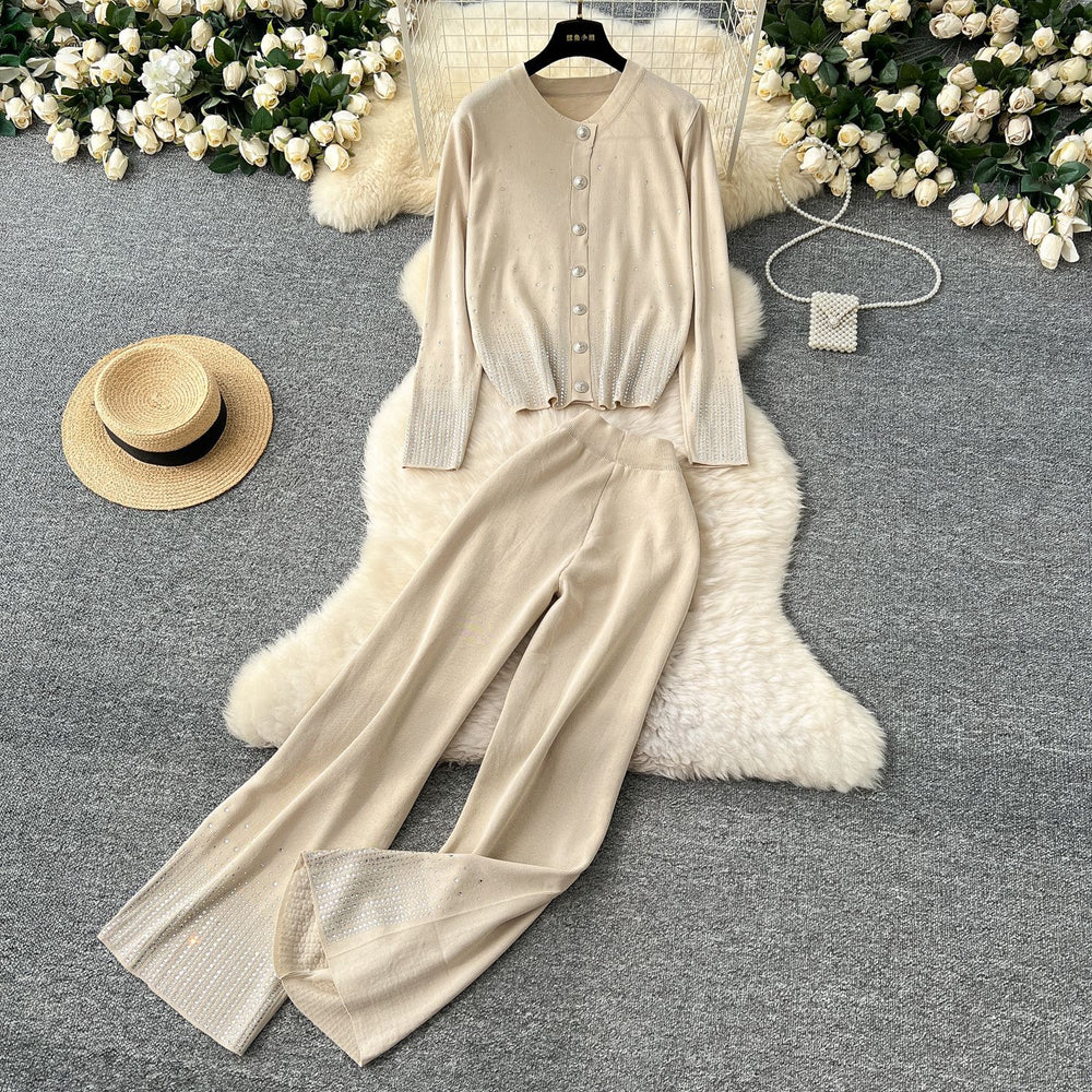 Fashion celebrity fashion rhinestone round neck knittingcardiganhigh waistloose wide legpantsfall and winterknittingtwo-piece set for women