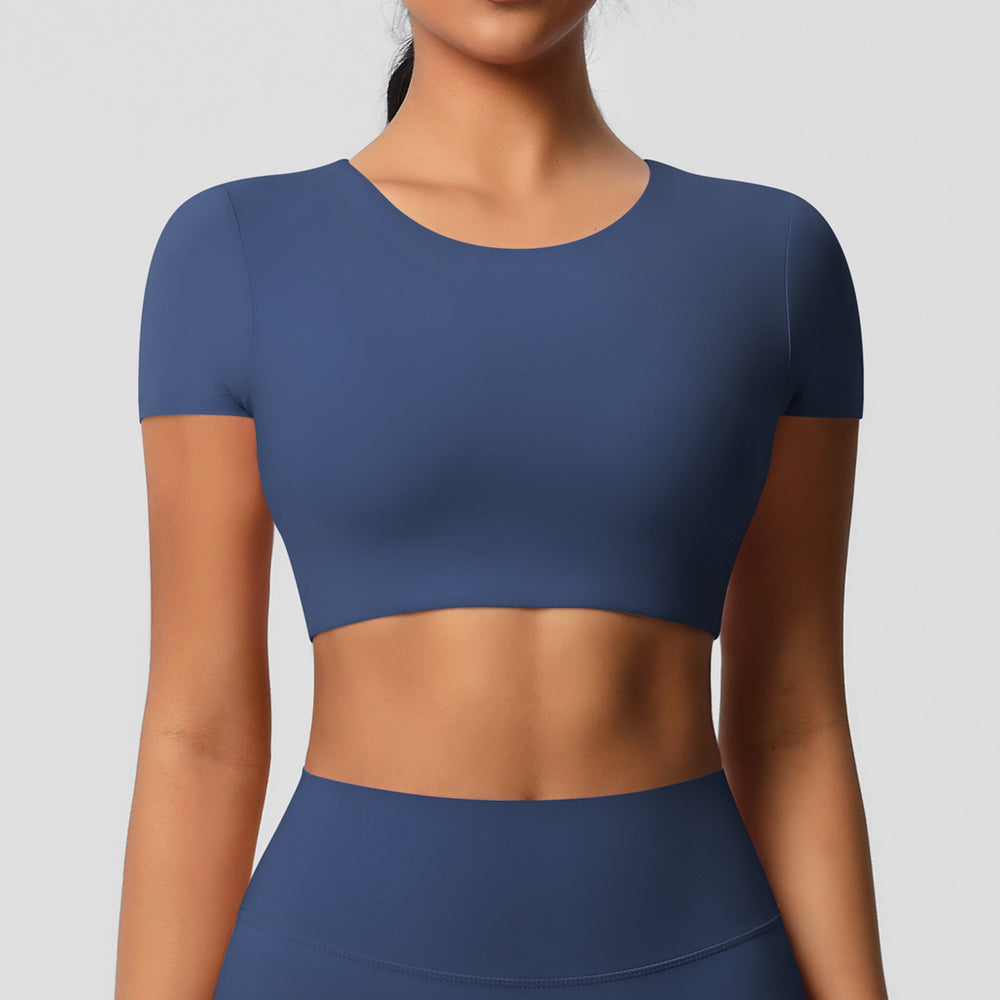 Ready-to-ship, cross-border, double-sided brushed, built-in bra, form-fitting, short-sleeve yoga top, pilates, running, and workout t-shirt for women
