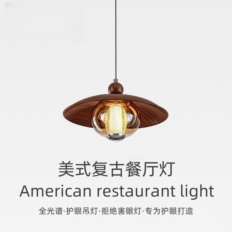 Vintage-inspired restaurant pendant light, full spectrum eye protection bar counter lamp, retro high-end walnut wood grain nostalgic dining table chandelier