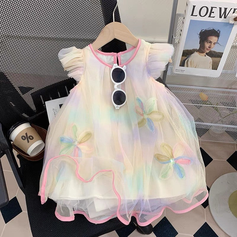 summer girls' dress: new trendy and chic mesh dress for kids, baby girl's puff sleeve princess dress